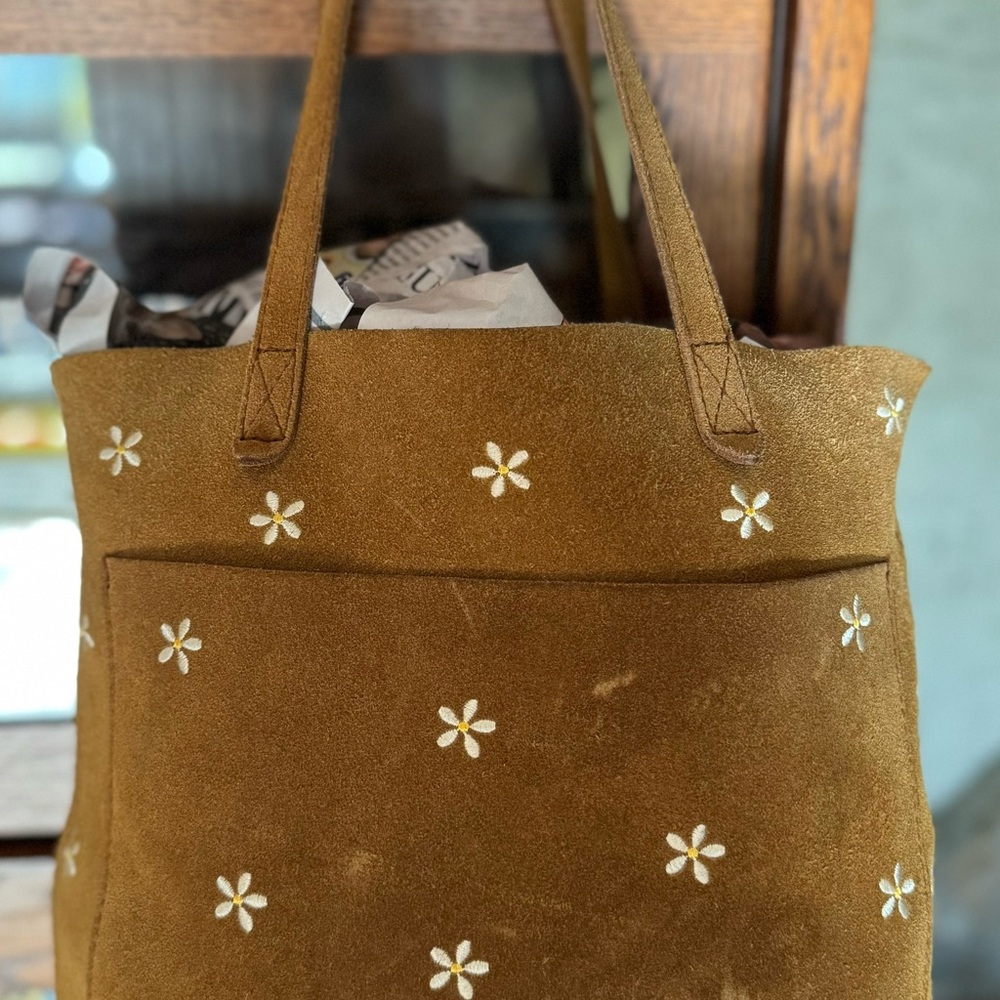 Madewell The Medium Transport Tote.  Daisy Embroidered Suede ~ Equestrian Brown